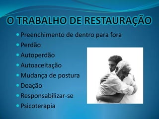  Preenchimento de dentro para fora
 Perdão
 Autoperdão
 Autoaceitação
 Mudança de postura
 Doação
 Responsabilizar-se
 Psicoterapia
 