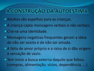  Adultos são espelhos para as crianças.
 A criança capta mensagens verbais e não verbais.
 Cria-se uma identidade.
 Mensagens negativas frequentes geram a ideia
de não ser aceita e de não ser amada.
 A falta de amor próprio e a raiva de si dão origem
à sensação de vazio.
 Tem início a busca externa daquilo que faltou.
(compras, alimentação, vícios, dependência, ...)
 