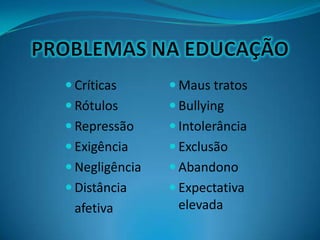  Críticas
 Rótulos
 Repressão
 Exigência
 Negligência
 Distância
afetiva
 Maus tratos
 Bullying
 Intolerância
 Exclusão
 Abandono
 Expectativa
elevada
 