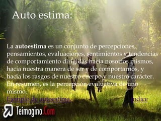 Auto estima:

La autoestima es un conjunto de percepciones,
pensamientos, evaluaciones, sentimientos y tendencias
de comportamiento dirigidas hacia nosotros mismos,
hacia nuestra manera de ser y de comportarnos, y
hacia los rasgos de nuestro cuerpo y nuestro carácter.
En resumen, es la percepción evaluativa de uno
mismo.
Ejemplo de autoestima.                       índice
 