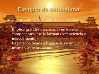    3. Autoestima baja Defensiva - Narcisista -
    Seudoautoestima
    Implica grandes deficiencias en los dos
    componentes que la forman (competencia y
    merecimiento).
    La persona tiende a hacerse la víctima ante sí
    misma y ante los demás.

   índice
 