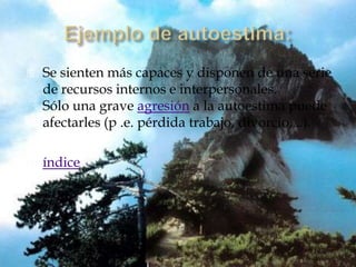    Se sienten más capaces y disponen de una serie
    de recursos internos e interpersonales.
    Sólo una grave agresión a la autoestima puede
    afectarles (p .e. pérdida trabajo, divorcio,...).

   índice
 