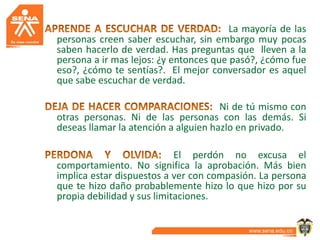 La mayoría de las
personas creen saber escuchar, sin embargo muy pocas
saben hacerlo de verdad. Has preguntas que lleven a la
persona a ir mas lejos: ¿y entonces que pasó?, ¿cómo fue
eso?, ¿cómo te sentías?. El mejor conversador es aquel
que sabe escuchar de verdad.

                                      Ni de tú mismo con
otras personas. Ni de las personas con las demás. Si
deseas llamar la atención a alguien hazlo en privado.

                            El perdón no excusa el
comportamiento. No significa la aprobación. Más bien
implica estar dispuestos a ver con compasión. La persona
que te hizo daño probablemente hizo lo que hizo por su
propia debilidad y sus limitaciones.
 