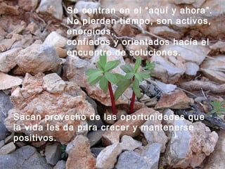 Se centran en el “aquí y ahora”.
No pierden tiempo, son activos,
energicos,
confiados y orientados hacía el
encuentro de soluciones.
Sacan provecho de las oportunidades que
la vida les da para crecer y mantenerse
positivos.
 