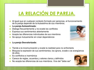 LA RELACIÓN DE PAREJA.
 Al igual que en cualquier contexto formado por personas, el funcionamiento
de la pareja depende de la Autoestima de sus miembros.
 La pareja Autoestimada:
 Dialoga frecuentemente y no evade los conflictos
 Expresa sus sentimientos abiertamente
 Acepta las diferencias individuales de sus miembros
 Se apoya mutuamente sin crear dependencia
 La pareja Desvalorizada:
 Tiende a la incomunicación y evade la realidad para no enfrentarla
 Bloquea la expresión de sus sentimientos; los ignora, evade o se avergüenza
de ellos.
 Es conflictiva e inarmónica
 Carece de reglas, acuerdos y valores claros y definidos
 No acepta las diferencias de sus miembros. Vive del "debe ser"
 