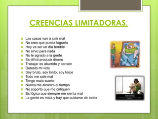 CREENCIAS LIMITADORAS.
 Las cosas van a salir mal
 No creo que pueda lograrlo
 Hoy va ser un día terrible
 No sirvo para nada
 No le agrado a la gente
 Es difícil producir dinero
 Trabajar es aburrido y cansón
 Detesto mi vida
 Soy bruto, soy tonto, soy torpe
 Todo me sale mal
 Tengo mala suerte
 Nunca me alcanza el tiempo
 No soporto que me critiquen
 Es lógico que siempre me sienta mal
 La gente es mala y hay que cuidarse de todos
 