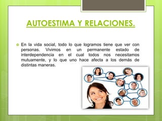 AUTOESTIMA Y RELACIONES.
 En la vida social, todo lo que logramos tiene que ver con
personas. Vivimos en un permanente estado de
interdependencia en el cual todos nos necesitamos
mutuamente, y lo que uno hace afecta a los demás de
distintas maneras.
 