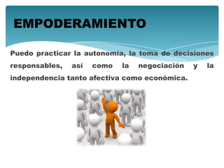 Puedo practicar la autonomía, la toma de decisiones
responsables, así como la negociación y la
independencia tanto afectiva como económica.
EMPODERAMIENTO
 