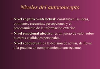 Niveles del autoconcepto
– Nivel cognitivo-intelectual: constituyen las ideas,
opiniones, creencias, percepciones y el
procesamiento de la información exterior.
– Nivel emocional afectivo: es un juicio de valor sobre
nuestras cualidades personales.
– Nivel conductual: es la decisión de actuar, de llevar
a la práctica un comportamiento consecuente.

 
