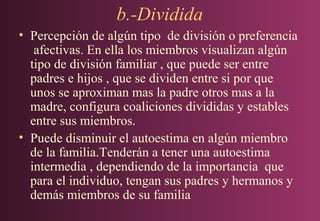b.-Dividida
• Percepción de algún tipo de división o preferencia
afectivas. En ella los miembros visualizan algún
tipo de división familiar , que puede ser entre
padres e hijos , que se dividen entre si por que
unos se aproximan mas la padre otros mas a la
madre, configura coaliciones divididas y estables
entre sus miembros.
• Puede disminuir el autoestima en algún miembro
de la familia.Tenderán a tener una autoestima
intermedia , dependiendo de la importancia que
para el individuo, tengan sus padres y hermanos y
demás miembros de su familia

 