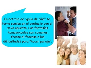 La actitud de "gallo de riña" se
torna sumisa en el contacto con el
sexo opuesto. Las fantasías
homosexuales son comunes,
frente al fracaso o las
dificultades para "hacer pareja".

 