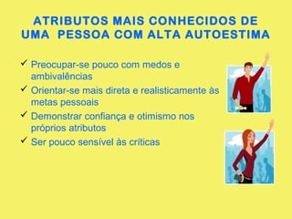 ATRIBUTOS MAIS CONHECIDOS DE 
UMA PESSOA COM ALTA AUTOESTIMA 
 Preocupar-se pouco com medos e 
ambivalências 
 Orientar-se mais direta e realisticamente às 
metas pessoais 
 Demonstrar confiança e otimismo nos 
próprios atributos 
 Ser pouco sensível às críticas 
 