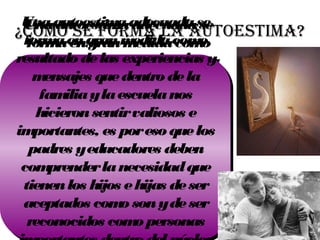 Una autoestima adecuada se 
forma en gran medida como 
resultado de las experiencias y 
mensajes que dentro de la 
¿CUÓnaM aOu tSoEes tFimORa MadAec LuaAd aA sUe TOESTIMA? 
forma en gran medida como 
resultado de las experiencias y 
mensajes que dentro de la 
familia familia y y la la escuela escuela nos 
nos 
hicieron hicieron sentir sentir valiosos valiosos e 
e 
importantes, es por eso que los 
padres y educadores deben 
comprender la necesidad que 
tienen los hijos e hijas de ser 
aceptados como son y de ser 
reconocidos como personas 
importantes dentro del núcleo 
importantes, es por eso que los 
padres y educadores deben 
comprender la necesidad que 
tienen los hijos e hijas de ser 
aceptados como son y de ser 
reconocidos como personas 
importantes dentro del núcleo 
 