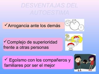 DESVENTAJAS DEL
AUTOESTIMA
Arrogancia ante los demás  
 Egoísmo con los compañeros y
familiares por ser el mejor 
Complejo de superioridad
frente a otras personas 
 