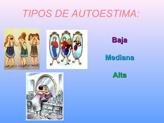 TIPOS DE AUTOESTIMA:
BajaBaja
MedianaMediana
AltaAlta
 