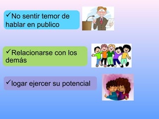 logar ejercer su potencial
No sentir temor de
hablar en publico
Relacionarse con los
demás
 