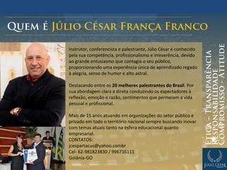 Quem é Júlio César França Franco
Instrutor, conferencista e palestrante, Júlio César é conhecido
pela sua competência, profissionalismo e irreverência, devido
ao grande entusiasmo que contagia o seu público,
proporcionando uma experiência única de aprendizado regado
à alegria, senso de humor e alto astral.
Destacando entre os 20 melhores palestrantes do Brasil. Por
sua abordagem clara e direta conduzindo os espectadores à
reflexão, emoção e razão, sentimentos que permeiam a vida
pessoal e profissional.
Mais de 15 anos atuando em organizações do setor público e
privado em todo o território nacional sempre buscando inovar
com temas atuais tanto na esfera educacional quanto
empresarial.
CONTATOS:
jcespartacus@yahoo.combr
Cel- 62-981823830 / 996716111
Goiânia-GO
Ética–Transparência
Responsabilidade
Compromisso-Atitude
 