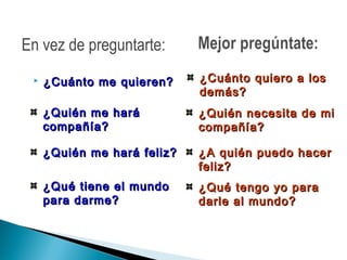  ¿Cuánto me quieren?¿Cuánto me quieren?
¿Quién necesita de mi¿Quién necesita de mi
compañía?compañía?
¿Quién me hará¿Quién me hará
compañía?compañía?
¿Quién me hará feliz?¿Quién me hará feliz?
¿Qué tiene el mundo¿Qué tiene el mundo
para darme?para darme?
¿Cuánto quiero a los¿Cuánto quiero a los
demás?demás?
¿A quién puedo hacer¿A quién puedo hacer
feliz?feliz?
¿Qué tengo yo para¿Qué tengo yo para
darle al mundo?darle al mundo?
En vez de preguntarte:
 