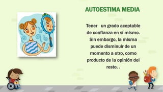 AUTOESTIMA MEDIA
Tener un grado aceptable
de confianza en sí mismo.
Sin embargo, la misma
puede disminuir de un
momento a otro, como
producto de la opinión del
resto. .
 