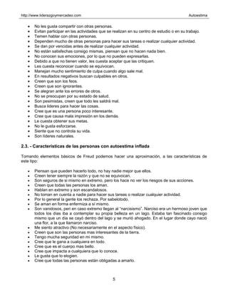 http://www.liderazgoymercadeo.com Autoestima
5
• No les gusta compartir con otras personas.
• Evitan participar en las actividades que se realizan en su centro de estudio o en su trabajo.
• Temen hablar con otras personas.
• Dependen mucho de otras personas para hacer sus tareas o realizar cualquier actividad.
• Se dan por vencidas antes de realizar cualquier actividad.
• No están satisfechas consigo mismas, piensan que no hacen nada bien.
• No conocen sus emociones, por lo que no pueden expresarlas.
• Debido a que no tienen valor, les cuesta aceptar que las critiquen.
• Les cuesta reconocer cuando se equivocan.
• Manejan mucho sentimiento de culpa cuando algo sale mal.
• En resultados negativos buscan culpables en otros.
• Creen que son los feos.
• Creen que son ignorantes.
• Se alegran ante los errores de otros.
• No se preocupan por su estado de salud.
• Son pesimistas, creen que todo les saldrá mal.
• Busca lideres para hacer las cosas.
• Cree que es una persona poco interesante.
• Cree que causa mala impresión en los demás.
• Le cuesta obtener sus metas.
• No le gusta esforzarse.
• Siente que no controla su vida.
• Son líderes naturales.
2.3. - Características de las personas con autoestima inflada
Tomando elementos básicos de Freud podemos hacer una aproximación, a las características de
este tipo:
• Piensan que pueden hacerlo todo, no hay nadie mejor que ellos.
• Creen tener siempre la razón y que no se equivocan.
• Son seguros de si mismo en extremo, pero los hace no ver los riesgos de sus acciones.
• Creen que todas las personas los aman.
• Hablan en extremo y son escandalosos.
• No toman en cuenta a nadie para hacer sus tareas o realizar cualquier actividad.
• Por lo general la gente los rechaza. Por sabelotodo.
• Se aman en forma enfermiza a sí mismo.
• Son vanidosos, peri en caso extremo llegan al “narcisismo”. Narciso era un hermoso joven que
todos los días iba a contemplar su propia belleza en un lago. Estaba tan fascinado consigo
mismo que un día se cayó dentro del lago y se murió ahogado. En el lugar donde cayo nació
una flor, a la que llamaron narciso.
• Me siento atractivo (No necesariamente en el aspecto físico).
• Creen que son las personas mas interesantes de la tierra.
• Tengo mucha seguridad en mi mismo.
• Cree que le gana a cualquiera en todo.
• Cree que es el cuerpo mas bello.
• Cree que impacta a cualquiera que lo conoce.
• Le gusta que lo elogien.
• Cree que todas las personas están obligadas a amarlo.
 