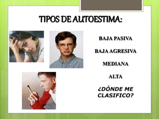 BAJA PASIVA
BAJAAGRESIVA
MEDIANA
ALTA
¿DÓNDE ME
CLASIFICO?
TIPOS DE AUTOESTIMA:
 