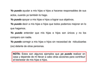 Yo puedo ayudar a mis hijas e hijos a hacerse responsables de sus
actos, cuando yo también lo hago.
Yo puedo apoyar a mis hijas e hijos a lograr sus objetivos.
Yo puedo decir a mis hijas e hijos que todos podemos mejorar en lo
que hagamos.
Yo puedo entender que mis hijas e hijos son únicos y no los
comparo con nadie.
Yo puedo corregir a mis hijas e hijos sin necesidad de ridiculizarlas
(os) delante de otras personas.
NOTA: Estos son algunos ejemplos que yo puedo realizar en
casa y depende de mí llevar a cabo otras acciones para contribuir
al bienestar de mis hijas e hijos.
 