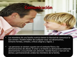 Comunicación Los miembros de una familia nutricia tienen la libertad de comunicar lo que sienten. Pueden hablar de cualquier cosa: sus desencantos, temores heridas, enfados, críticas alegrías y logros. ) Las personas se sienten a gusto con el contacto físico y las demostraciones de afecto. El amor y el interés se demuestran hablando abiertamente y escuchando con atención. Siendo franco y real con los demás y permaneciendo unidos los miembros de la familia. 