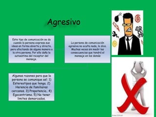 Agresivo
Este tipo de comunicación se da
cuando la persona expresa sus
ideas en forma abierta y directa,
pero afectando de alguna manera a
la otra persona. Por ello daña la
autoestima del receptor del
mensaje.
La persona de comunicación
agresiva no oculta nada, lo dice.
Muchas veces sin medir las
consecuencias que tendrá el
mensaje en los demás
Algunas razones para que la
persona se comunique así: 1)
Estereotipos que tenga. 2)
Herencia de familiares
cercanos. 3) Prepotencia.. 4)
Egocentrismo. 5) No tener
limites demarcados.
 