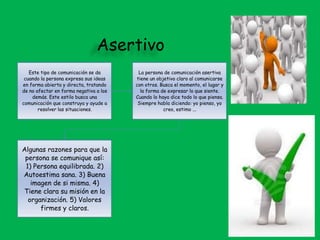 Asertivo
Este tipo de comunicación se da
cuando la persona expresa sus ideas
en forma abierta y directa, tratando
de no afectar en forma negativa a los
demás. Este estilo busca una
comunicación que construya y ayude a
resolver las situaciones.
La persona de comunicación asertiva
tiene un objetivo claro al comunicarse
con otros. Busca el momento, el lugar y
la forma de expresar lo que siente.
Cuando lo haya dice todo lo que piensa.
Siempre habla diciendo: yo pienso, yo
creo, estimo ...
Algunas razones para que la
persona se comunique así:
1) Persona equilibrada. 2)
Autoestima sana. 3) Buena
imagen de si misma. 4)
Tiene clara su misión en la
organización. 5) Valores
firmes y claros.
 
