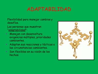 ADAPTABILIDAD
Flexibilidad para manejar cambios y
desafíos.
Las personas que muestran
“adaptabilidad”:
 Manejan con desenvoltura
exigencias múltiples, prioridades
cambiantes.
 Adaptan sus reacciones y tácticas a
las circunstancias cambiantes.
 Son flexibles en su visión de los
hechos.
 