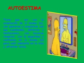 AUTOESTIMA
Tiene que ver con la
aceptación de sí mismo (a),
con quererse y aceptarse con
sus cualidades, defectos y
limitaciones, con hacerse
respetar, con la seguridad y
confianza en sí mismo (a)
para salir adelante en la vida
y afrontar retos.
 