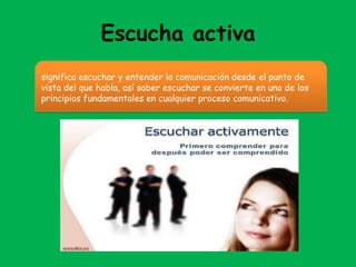 Escucha activa
significa escuchar y entender la comunicación desde el punto de
vista del que habla, así saber escuchar se convierte en uno de los
principios fundamentales en cualquier proceso comunicativo.
 