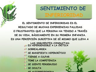 SENTIMIENTO DE  INFERIORIDAD ES HIPERSENSIBLE A LA CRÍTICA SOBREALARDEA SE MANIFIESTA HIPERCRÍTICO TIENDE A CULPAR TEME LA COMPETENCIA SE SIENTE PERSEGUIDO SE OCULTA SE AUTORRECRIMINA EL SENTIMIENTO DE INFERIORIDAD ES EL  RESULTADO DE MUCHAS EXPERIENCIAS FALLIDAS O FRUSTRANTES QUE LA PERSONA HA TENIDO A TRAVÉS DE SU VIDA, BÁSICAMENTE EN SU PRIMERA INFANCIA. ES UNA PERCEPCIÓN SUBJETIVA DE SÍ MISMO QUE LLEVA A  LAS SIGUIENTES CONDUCTAS: 