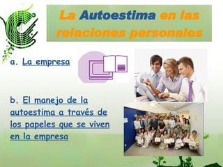 La  Autoestima  en las relaciones personales a.  La empresa b.  El manejo de la autoestima a través de los papeles que se viven en la empresa 