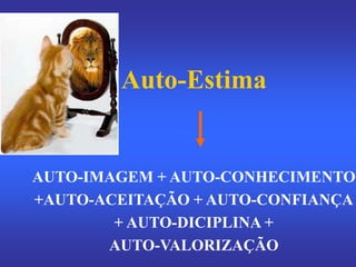 Auto-Estima
AUTO-IMAGEM + AUTO-CONHECIMENTO
+AUTO-ACEITAÇÃO + AUTO-CONFIANÇA
+ AUTO-DICIPLINA +
AUTO-VALORIZAÇÃO
 