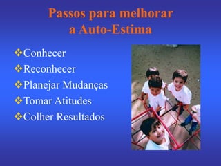 Passos para melhorar
a Auto-Estima
Conhecer
Reconhecer
Planejar Mudanças
Tomar Atitudes
Colher Resultados
 
