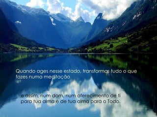 Quando ages nesse estado, transformas tudo o que fazes numa meditação e assim, num dom, num oferecimento de ti  para tua alma e de tua alma para o Todo. 