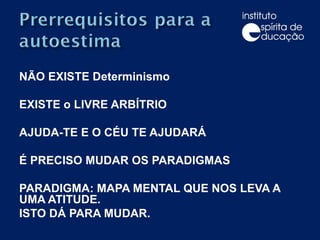 NÃO EXISTE Determinismo EXISTE o LIVRE ARBÍTRIO AJUDA-TE E O CÉU TE AJUDARÁ É PRECISO MUDAR OS PARADIGMAS PARADIGMA: MAPA MENTAL QUE NOS LEVA A UMA ATITUDE. ISTO DÁ PARA MUDAR. 