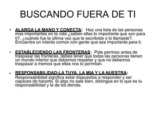 BUSCANDO FUERA DE TI
• ALARGA LA MANO Y CONECTA: Haz una lista de las personas
mas importantes en la vida ¿saben ellas lo importante que son para
ti?, ¿cuándo fue la última vez que le escribiste o lo llamaste?.
Encuentra un interés común con gente que sea importante para ti.
• ESTABLECIENDO LAS FRONTERAS: Pide permiso antes de
traspasar las fronteras, debes tener que todas las personas tienen
un mundo interior que debemos respetar y que no debemos
traspasar a memos que ellas nos lo permitan.
• RESPONSABILIDAD-LA TUYA, LA MIA Y LA NUESTRA:
Responsabilidad significa estar dispuestos a responder y ser
capaces de hacerlo. Si algo no sale bien, distingue en lo que es tu
responsabilidad y la de los demás.
 
