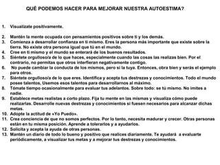 QUÉ PODEMOS HACER PARA MEJORAR NUESTRA AUTOESTIMA?
1. Visualízate positivamente.
2. Mantén la mente ocupada con pensamientos positivos sobre ti y los demás.
3. Comienza a desarrollar confianza en ti mismo. Eres la persona más importante que existe sobre la
tierra. No existe otra persona igual que tú en el mundo.
4. Cree en ti mismo y el mundo se enterará de los buenos resultados.
5. Siéntete orgulloso/a de lo que haces, especialmente cuando las cosas las realizas bien. Por el
contrario, no permitas que otros interfieran negativamente contigo.
6. No puede cambiar la conducta de los mismos, pero sí la tuya. Entonces, obra bien y serás el ejemplo
para otros.
7. Siéntete orgulloso/a de lo que eres. Identifica y acepta tus destrezas y conocimientos. Todo el mundo
posee talentos, Usemos esos talentos para desarrollarnos al máximo.
8. Tómate tiempo ocasionalmente para evaluar tus adelantos. Sobre todo: se tú mismo. No imites a
nadie.
9. Establece metas realistas a corto plazo. Fija tu mente en las mismas y visualiza cómo puede
realizarlas. Desarrolle nuevas destrezas y conocimientos si fuesen necesarios para alcanzar dichas
metas.
10. Adopte la actitud de «Yo Puedo».
11. Crea conciencia de que no somos perfectos. Por lo tanto, necesita madurar y crecer. Otras personas
están en tu misma posición. Aprende a tolerarlos y a ayudarlos.
12. Solicita y acepta la ayuda de otras personas.
13. Mantén un diario de todo lo bueno y positivo que realices diariamente. Te ayudará a evaluarte
periódicamente, a visualizar tus metas y a mejorar tus destrezas y conocimientos.
 