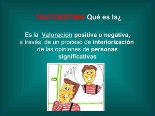 ¿Qué es la  AUTOESTIMA?   Es la   Valoración  positiva o negativa, a través  de un proceso de  interiorización   de las opiniones de  personas significativas 
