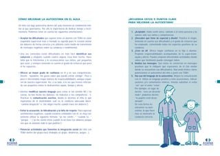 ADANA
FUNDACION
CÓMO MEJORAR LA AUTOESTIMA EN EL AULA
Un niño con baja autoestima dentro del aula mostrará un rendimiento infe-
rior al que querríamos. Por ello la importancia de dedicar tiempo a incre-
mentarla. Podemos tener en cuenta las siguientes orientaciones:
• Aceptar las dificultades que supone tener un alumno con TDAH en clase
(supondrá supervisar más a menudo su agenda pues le costará anotar
los deberes de forma correcta y no utilizarla como medio de transmisión
de mensajes negativos sobre su conducta o rendimiento).
• Una vez conocidas estas dificultades es más fácil identificar sus
esfuerzos y elogiarlo cuando realice alguna cosa bien hecha. Hace
falta que le felicitemos y le reconozcamos sus éxitos, por pequeños
que sean, y siempre teniendo en cuenta el grado de esfuerzo que para
él ha supuesto.
• Ofrecer un mayor grado de confianza en él y en sus competencias.
Decirle: “ayúdame, me gusta saber que puedo contar contigo”. Poco a
poco ir ofreciéndole mayor número de responsabilidades, aunque requie-
ran de nuestra supervisión. Así, a su lado, a la vez que iremos reforzan-
do sus pequeños éxitos le dedicaremos ayuda, tiempo y afecto.
• Intentar modificar nuestro lenguaje para evitar el tan temible NO (“no
corras, no has hecho los deberes, no molestes a tus compañeros...”).
Practicar la comunicación asertiva, donde le diremos al niño lo que
esperamos de él mostrándole cuál es la conducta adecuada (decir:
“camina despacito” o “me alegro mucho cuando traes los deberes”).
• Evitar la acusación, la ridiculización y la falta de respeto. Para expresar
sentimientos negativos, cuando estamos enfadados con él, es muy con-
veniente utilizar la siguiente fórmula: “yo me siento...” “cuando tú...”
“porque...” (“yo me siento triste cuando tú no traes tus deberes porque
veo que no avanzas todo lo que podrías”).
• Potenciar actividades que fomenten la integración social del niño con
TDAH dentro del grupo-clase (trabajos en grupo, dinámicas, juegos...).
8
ADANA
FUNDACION
¡RECUERDA ESTOS 5 PUNTOS CLAVE
PARA MEJORAR LA AUTOESTIMA!
1. ¡Acéptalo!. Hazlo sentir único, valóralo a él como persona y no
valores sólo sus éxitos y competencias.
2. ¡Descubre qué tiene de especial y díselo!. Practica el elogio,
teniendo en cuenta sus dificultades y el grado de esfuerzo que
ha empleado, comentando todos los aspectos positivos de su
conducta.
3. ¡Cree en él!. Ofrece mayor confianza en tu hijo o alumno.
Propónle responsabilidades acompañadas de tu supervisión,
ayuda y afecto. Puedes empezar ofreciéndole actividades donde
sabes que fácilmente puede conseguir éxitos.
4. Analiza tus mensajes. Que éstos se conviertan en mensajes
positivos que le indiquen qué esperamos de él (sin olvidar
dónde se encuentran sus dificultades). Marcando límites claros
potenciamos el autocontrol del niño o joven con TDAH.
5. Haz uso del lenguaje de la autoestima. Mejora tu comunicación
con él. Utiliza un lenguaje positivo y evita acusaciones, ridiculi-
zaciones y/o comentarios irónicos. Intenta substituir el verbo
“ser” por el verbo “estar”.
Por ejemplo, en lugar de
decirle: “eres un desorde-
nado”, podemos decirle:
“tu pupitre está desor-
denado”.
De esta forma no
atacamos su auto-
estima, lo que hace-
mos es mostrarle la
conducta correcta.
9
 