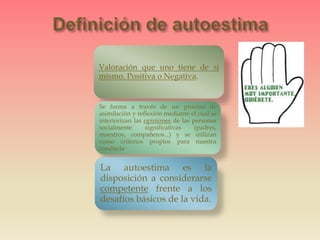 Valoración que uno tiene de si
mismo. Positiva o Negativa.
Se forma a través de un proceso de
asimilación y reflexión mediante el cual se
interiorizan las opiniones de las personas
socialmente significativas (padres,
maestros, compañeros...) y se utilizan
como criterios propios para nuestra
conducta.
La autoestima es la
disposición a considerarse
competente frente a los
desafíos básicos de la vida.
 