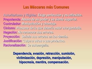 Autoritarismo y Rigidez: Exige perfección y es inflexible.
Prepotencia: Abusa de su poder y se siente superior.
Controlador: Manipulación y chantaje.
Cinismo: Presume de lo que debería estar avergonzado.
Negación: No reconoce sus errores.
Proyección: Señala sus errores en los demás.
Justificación: Culpa a otros o usa pretextos.
Racionalización: Se autoengaña.
Dependencia, evasión, retracción, sumisión,
víctimización, depresión, manipulación,
hipocresía, mentira, compensación.
Las Máscaras más Comunes
 