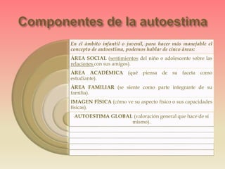 En el ámbito infantil o juvenil, para hacer más manejable el
concepto de autoestima, podemos hablar de cinco áreas:
ÁREA SOCIAL (sentimientos del niño o adolescente sobre las
relaciones con sus amigos).
ÁREA ACADÉMICA (qué piensa de su faceta como
estudiante).
ÁREA FAMILIAR (se siente como parte integrante de su
familia).
IMAGEN FÍSICA (cómo ve su aspecto físico o sus capacidades
físicas).
AUTOESTIMA GLOBAL (valoración general que hace de sí
mismo).
 