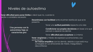 Una persona con la
autoestima baja se
caracteriza por:
Niveles de autoestima
Tener una actitud pesimista respecto a la vida
Condicionar sus propias decisiones en base a lo que
piensan o esperan los demás
Tener vergüenza y miedo de expresar sus emociones y sus
sentimientos
Tener dificultad para poner límites o decir que no, cuando lo
siente o considera necesario
Ser menos empática con los demás, debido a que está muy
sumergida en sus emociones de miedo, inseguridad y
desconfianza
Desanimarse con facilidad ante el primer obstáculo que se le
presenta
Tener dificultad para aceptarse a sí misma
 