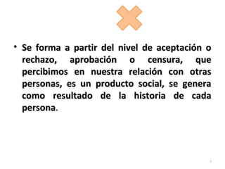 • Se forma a partir del nivel de aceptación oSe forma a partir del nivel de aceptación o
rechazo, aprobación o censura, querechazo, aprobación o censura, que
percibimos en nuestra relación con otraspercibimos en nuestra relación con otras
personas, es un producto social, se generapersonas, es un producto social, se genera
como resultado de la historia de cadacomo resultado de la historia de cada
personapersona..
3
 