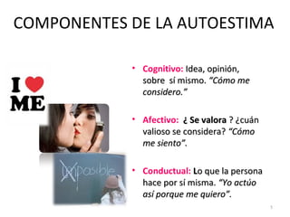 COMPONENTES DE LA AUTOESTIMA
• Cognitivo: Idea, opinión,Idea, opinión,
sobre sí mismo.sobre sí mismo. “Cómo me“Cómo me
considero.”considero.”
• Afectivo: ¿ Se valora¿ Se valora ? ¿cuán? ¿cuán
valioso se considera?valioso se considera? “Cómo“Cómo
me siento”.me siento”.
• Conductual: LLo que la personao que la persona
hace por sí misma.hace por sí misma. “Yo actúo“Yo actúo
así porque me quiero”.así porque me quiero”.
5
 