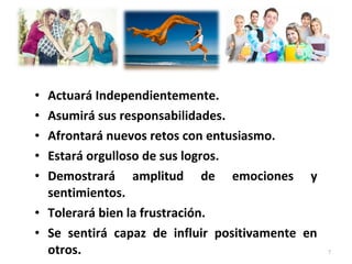 • Actuará Independientemente.
• Asumirá sus responsabilidades.
• Afrontará nuevos retos con entusiasmo.
• Estará orgulloso de sus logros.
• Demostrará amplitud de emociones y
sentimientos.
• Tolerará bien la frustración.
• Se sentirá capaz de influir positivamente en
otros. 7
 
