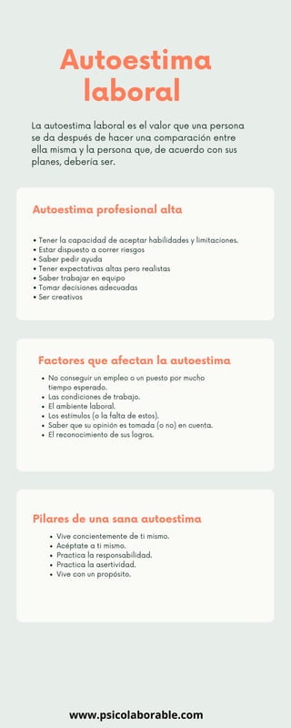 Autoestima
laboral
La autoestima laboral es el valor que una persona
se da después de hacer una comparación entre
ella misma y la persona que, de acuerdo con sus
planes, debería ser.
Vive concientemente de ti mismo.
Acéptate a ti mismo.
Practica la responsabilidad.
Practica la asertividad.
Vive con un propósito.
Pilares de una sana autoestima
• Tener la capacidad de aceptar habilidades y limitaciones.
• Estar dispuesto a correr riesgos
• Saber pedir ayuda
• Tener expectativas altas pero realistas
• Saber trabajar en equipo
• Tomar decisiones adecuadas
• Ser creativos
Autoestima profesional alta
No conseguir un empleo o un puesto por mucho
tiempo esperado.
Las condiciones de trabajo.
El ambiente laboral.
Los estímulos (o la falta de estos).
Saber que su opinión es tomada (o no) en cuenta.
El reconocimiento de sus logros.
Factores que afectan la autoestima
www.psicolaborable.com
 